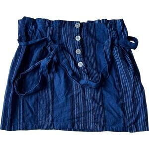 Paper-Bag Waist Mini Skirt Blue Stripe Button-Front w/ Tie Belt (L) Y2K/Coastal
